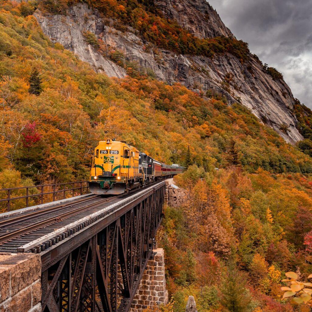 scenic train passing by bridge